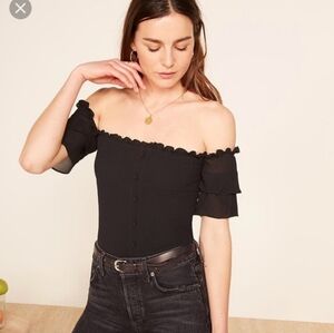 Reformation Black Off-Shoulder Ruffle Crop Top